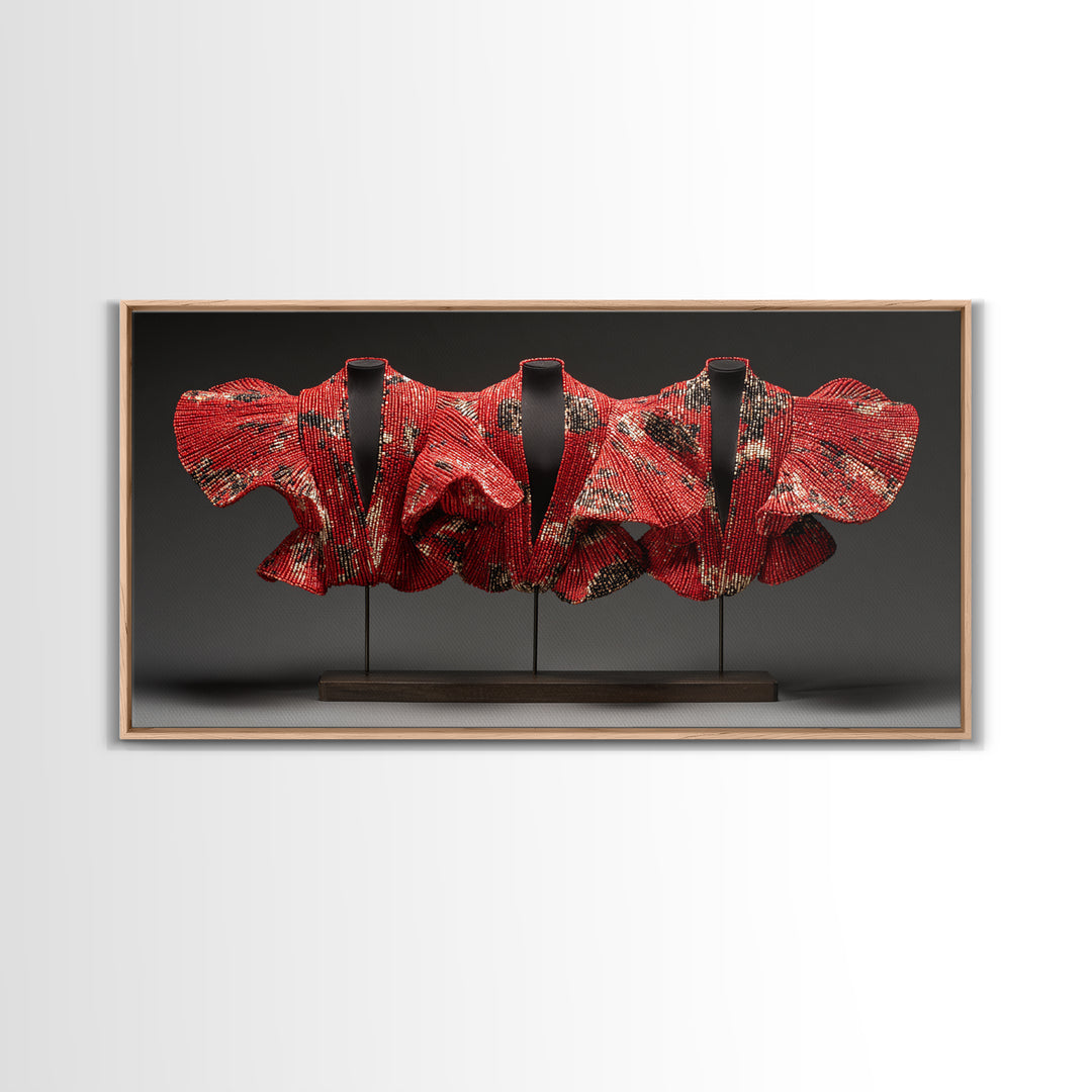Red Ankara Textile Sculpture Framed Canvas Print, African Fabric Wall Decor, Bold Afrocentric Art For Elegant Modern Home