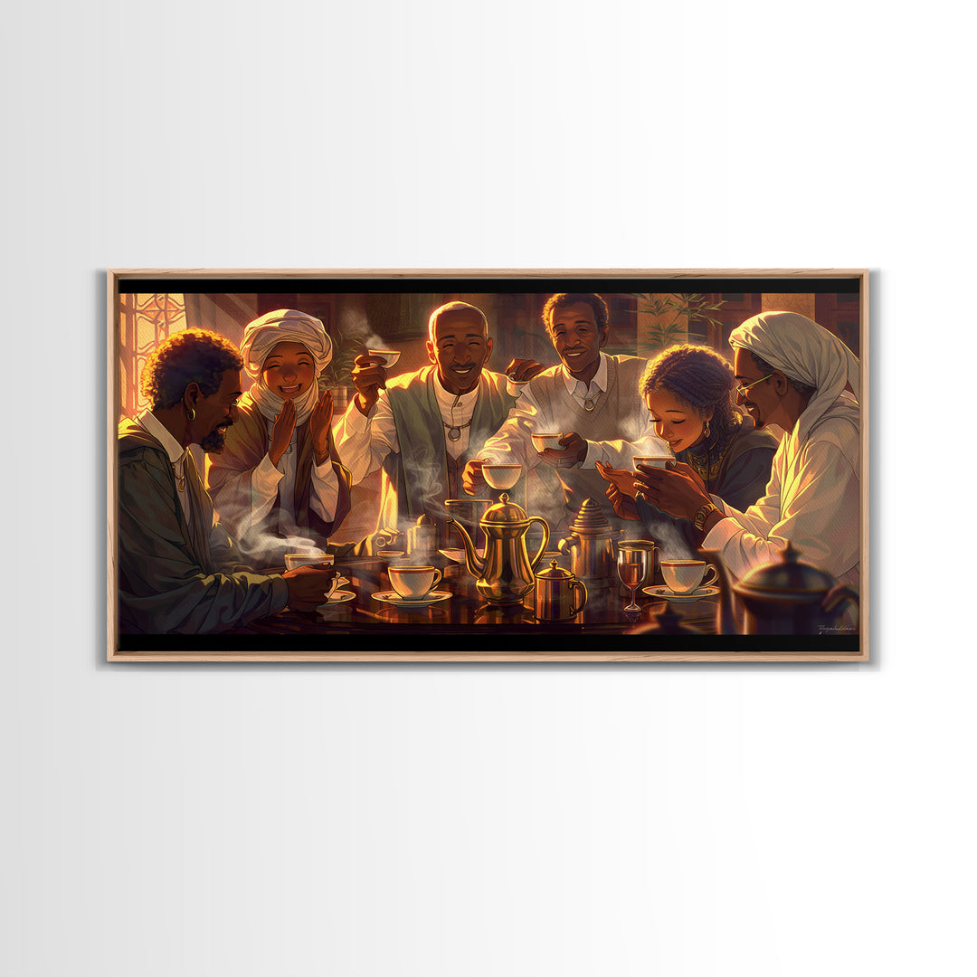 Joyful African Family Tea Gathering Wall Art, Black Culture Art Print, Warm Afrocentric Home Decor For Kitchen Or Dining Room