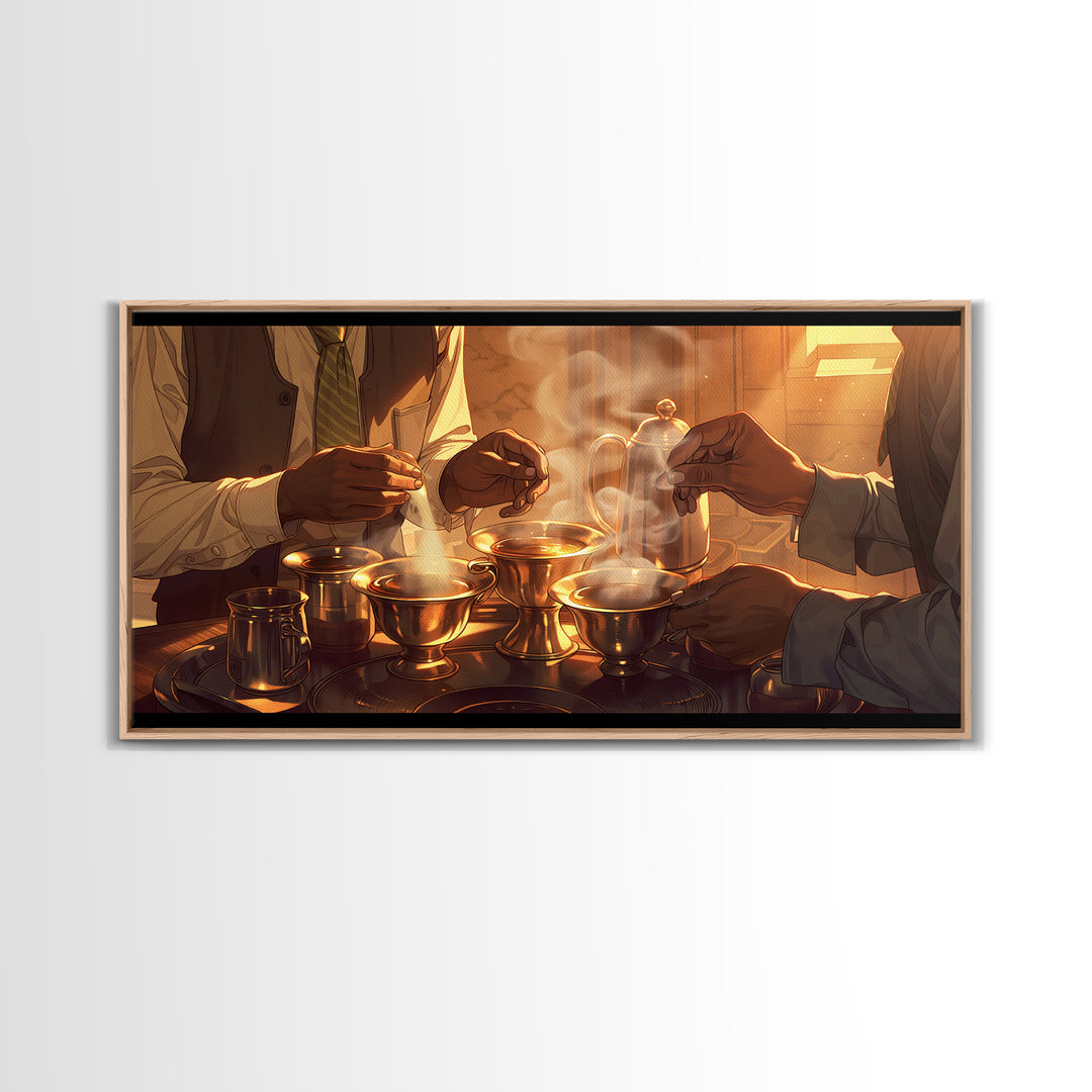 Golden Hands Pouring Tea Canvas Print, African Inspired Kitchen Wall Decor, Cultural Art Print For Warm Dining Room Home Decor