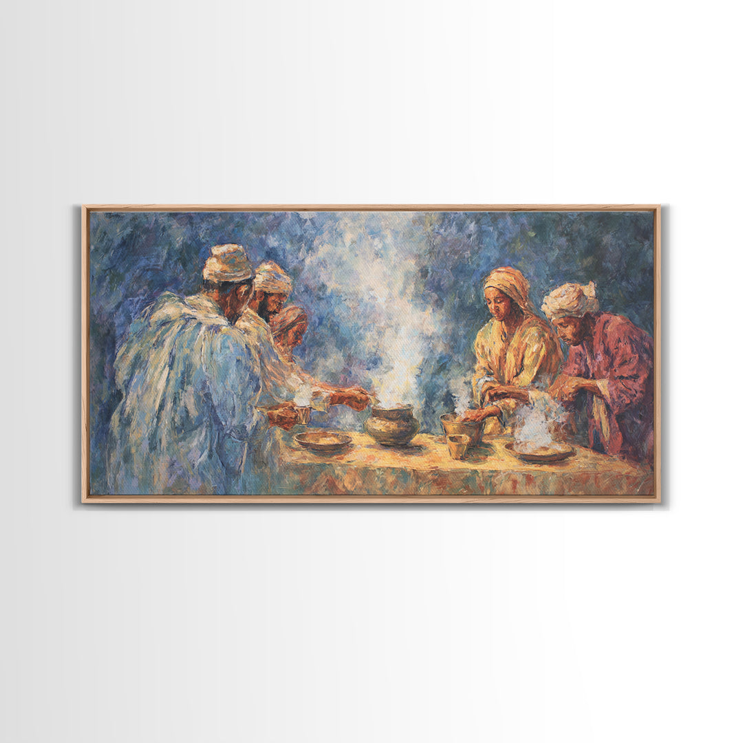 Traditional African Tea Ceremony Framed Canvas Print, Blue Robe Gathering Painting, Cultural Wall Decor For Boho Living Room
