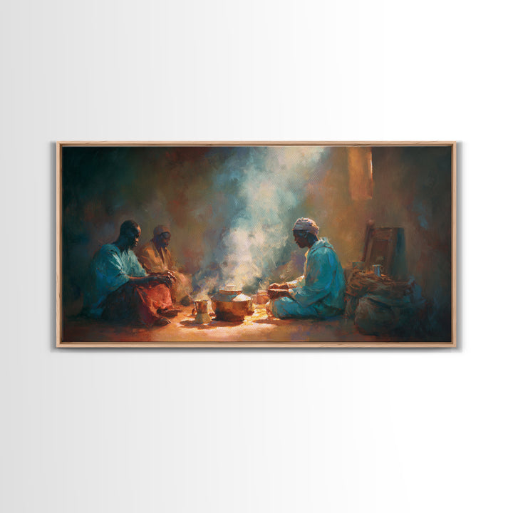 Smoky Hearth Tea Gathering Canvas Print, African Men In Blue Robes, Spiritual Culture Wall Art For Rustic Living Room Decor