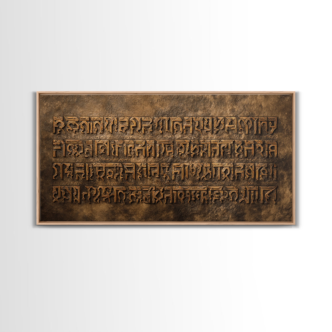 Engraved Ancient Script Canvas Print, Earth Tone Stone Calligraphy Wall Decor, Spiritual Cultural Art For Office Or Study