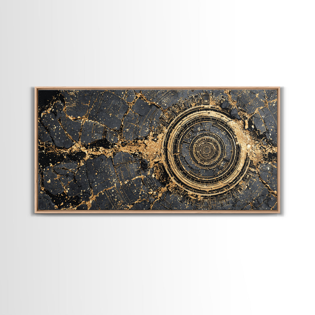 Cracked Obsidian Gold Mandala Canvas Print, African Abstract Art, Geometric Wall Decor, Luxury Modern Home Decor Gift For Him