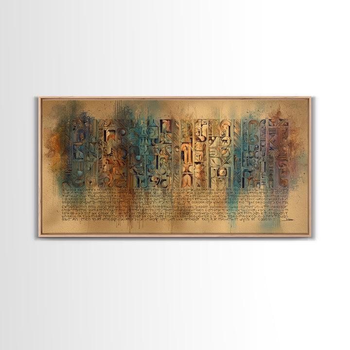 Weathered Glyph Panels Wall Art, African Inspired Hieroglyphic Abstract, Teal Rust Cultural Decor, Ancient Canvas Gift For Home