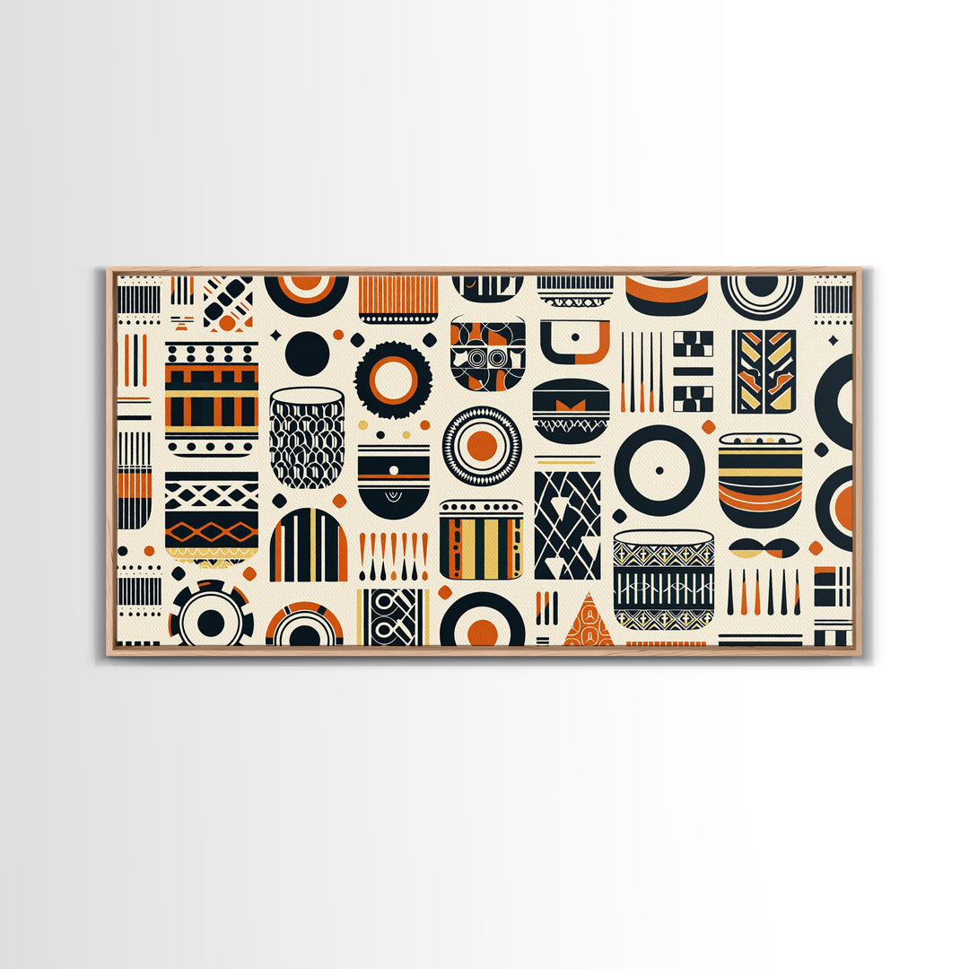 African Tribal Pattern Canvas Print, Black Orange Textile Wall Art, Afrocentric Geometric Decor, Boho Home Decor Gift For Living Room