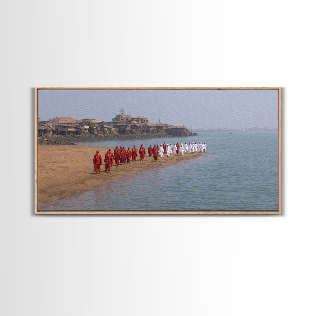 Red And White Beach Procession Wall Art, African Coastal Ceremony Canvas Print, Cultural Travel Decor For Living Room Gift