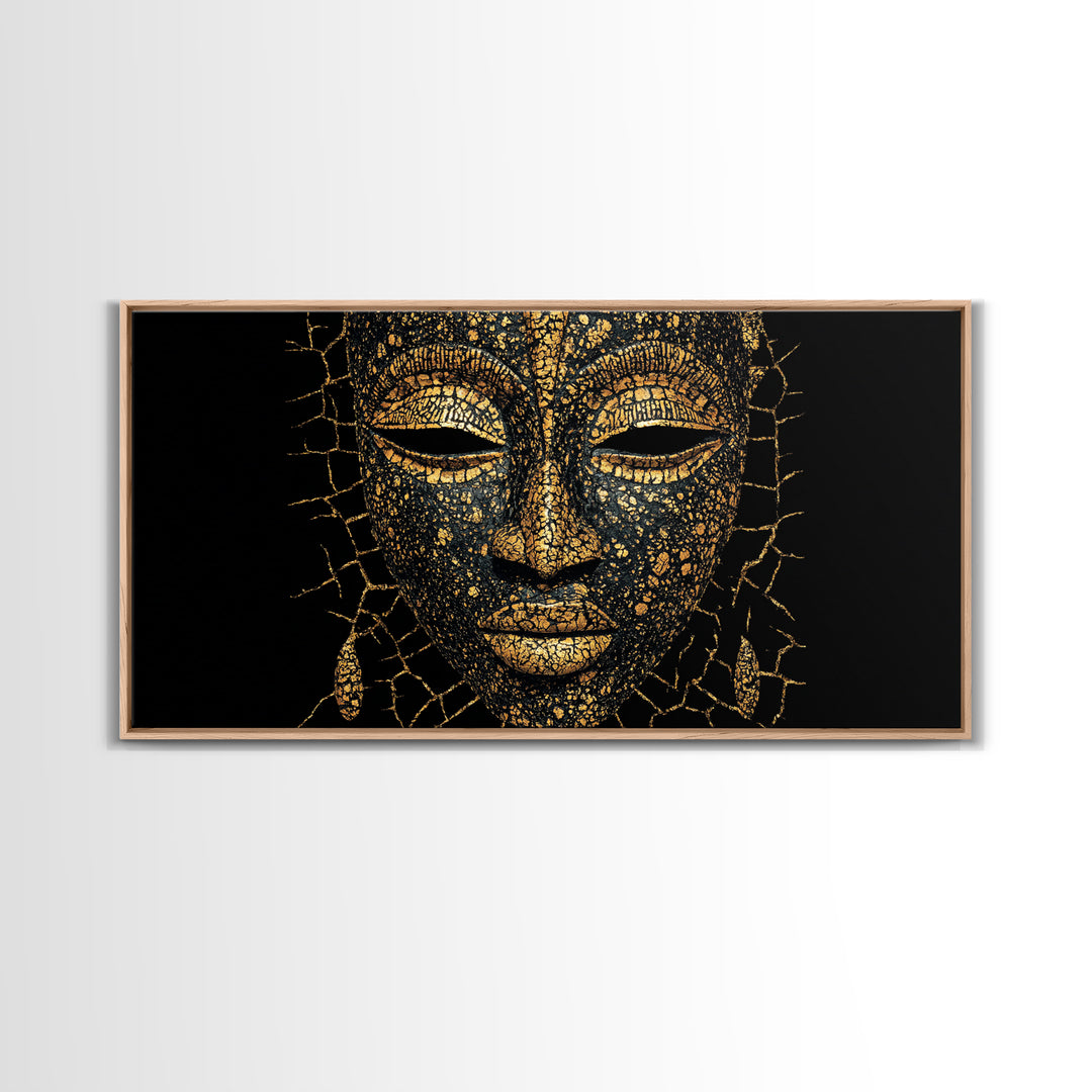 Gold Black African Mask Portrait Wall Art, Textured Tribal Mask Canvas Print, Elegant Afrocentric Decor, Luxury Home Decor