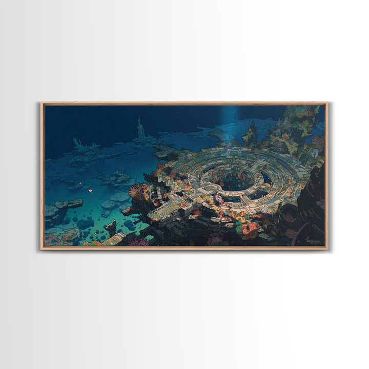 Underwater Futuristic City Wall Art, Sci Fi Ocean Ruins Canvas Print, Afrofuturism Decor, Blue Digital Art For Office Decor