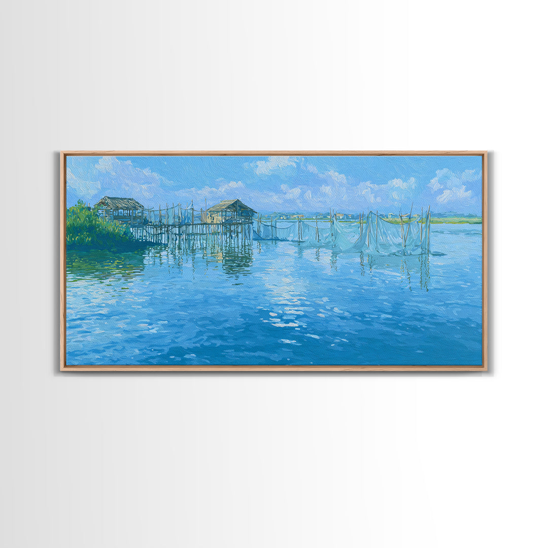 Blue Coastal Fishing Village Wall Art, Serene Water Landscape Canvas Print, Beach Art, Nature Scene Art, Living Room Decor