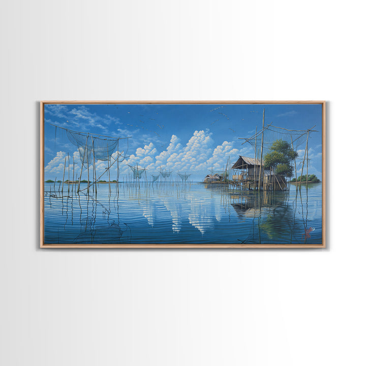 Calm Lake Fishing Nets Wall Art, Blue Sky Reflections Canvas Print, Coastal Landscape, Nature Scene Art, Serene Home Decor