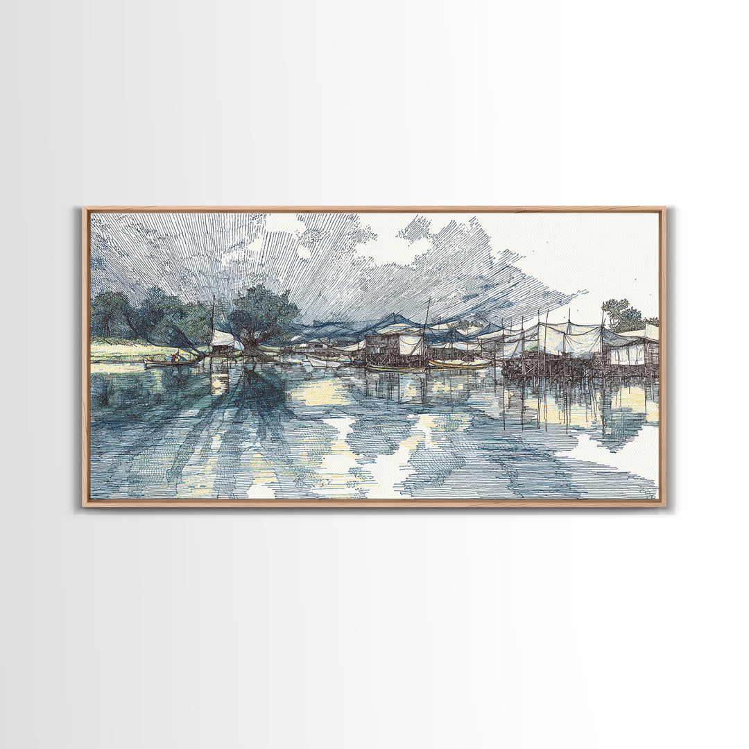 Ink Sketch Fishing Harbor Wall Art, Blue Coastal Village Canvas Print, Minimalist Art, Water Reflection, Office Decor Gift