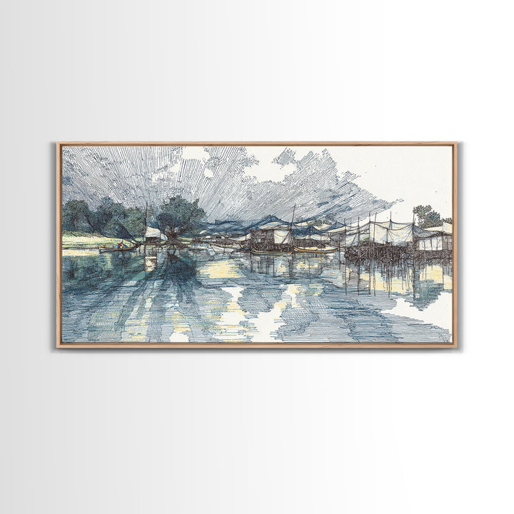 Ink Sketch Fishing Harbor Wall Art, Blue Coastal Village Canvas Print, Minimalist Art, Water Reflection, Office Decor Gift
