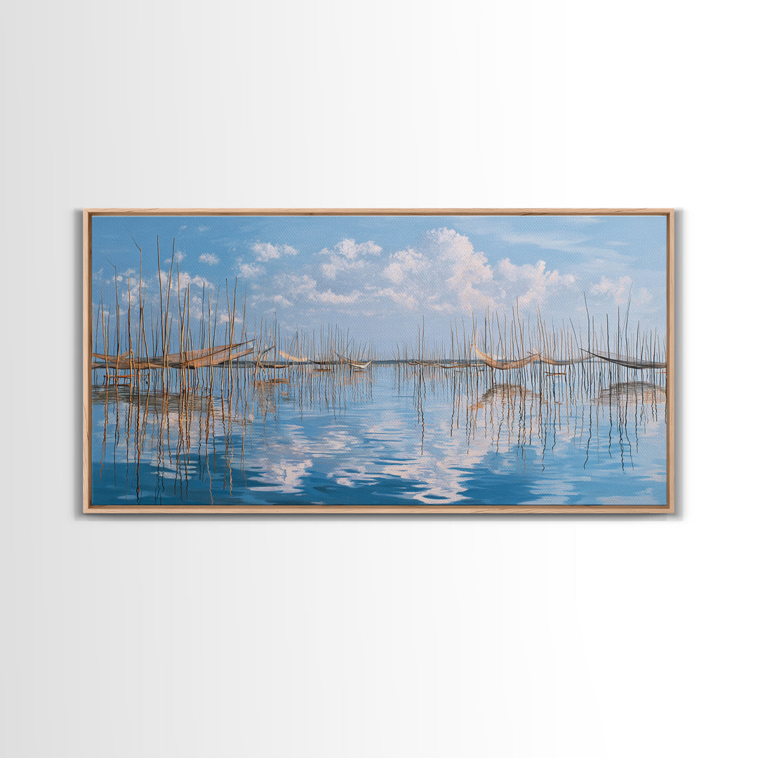 Peaceful Bamboo Fishing Poles Wall Art, Blue Water Landscape Canvas Print, Coastal Nature Scene Art, Elegant Living Room Decor
