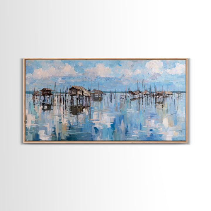 Blue Stilt Village Seascape Reflections Wall Art, Coastal Water Village Canvas Decor, Serene Sky Painting, Living Room Decor