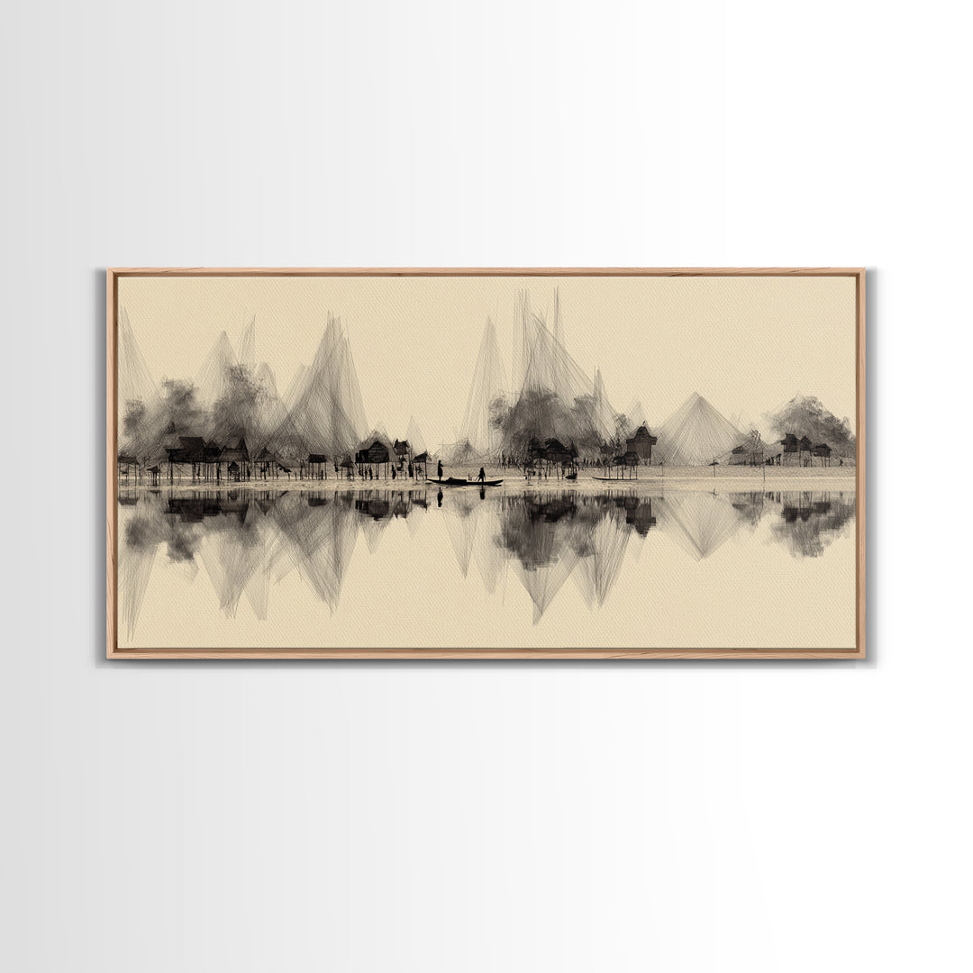 Sepia Ink Lakeside Village Reflections Wall Art, Minimalist Landscape Print, Serene Neutral Decor, Gallery Style Home Decor