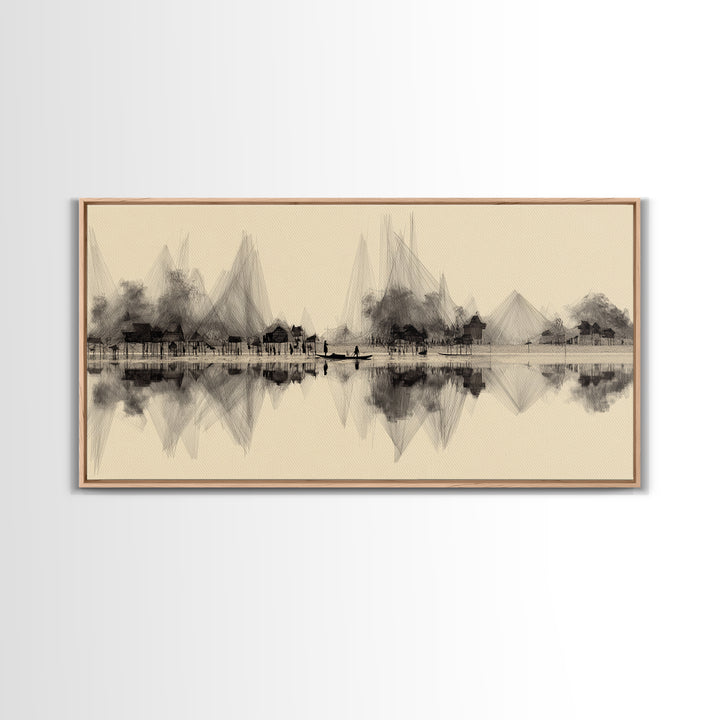 Sepia Ink Lakeside Village Reflections Wall Art, Minimalist Landscape Print, Serene Neutral Decor, Gallery Style Home Decor