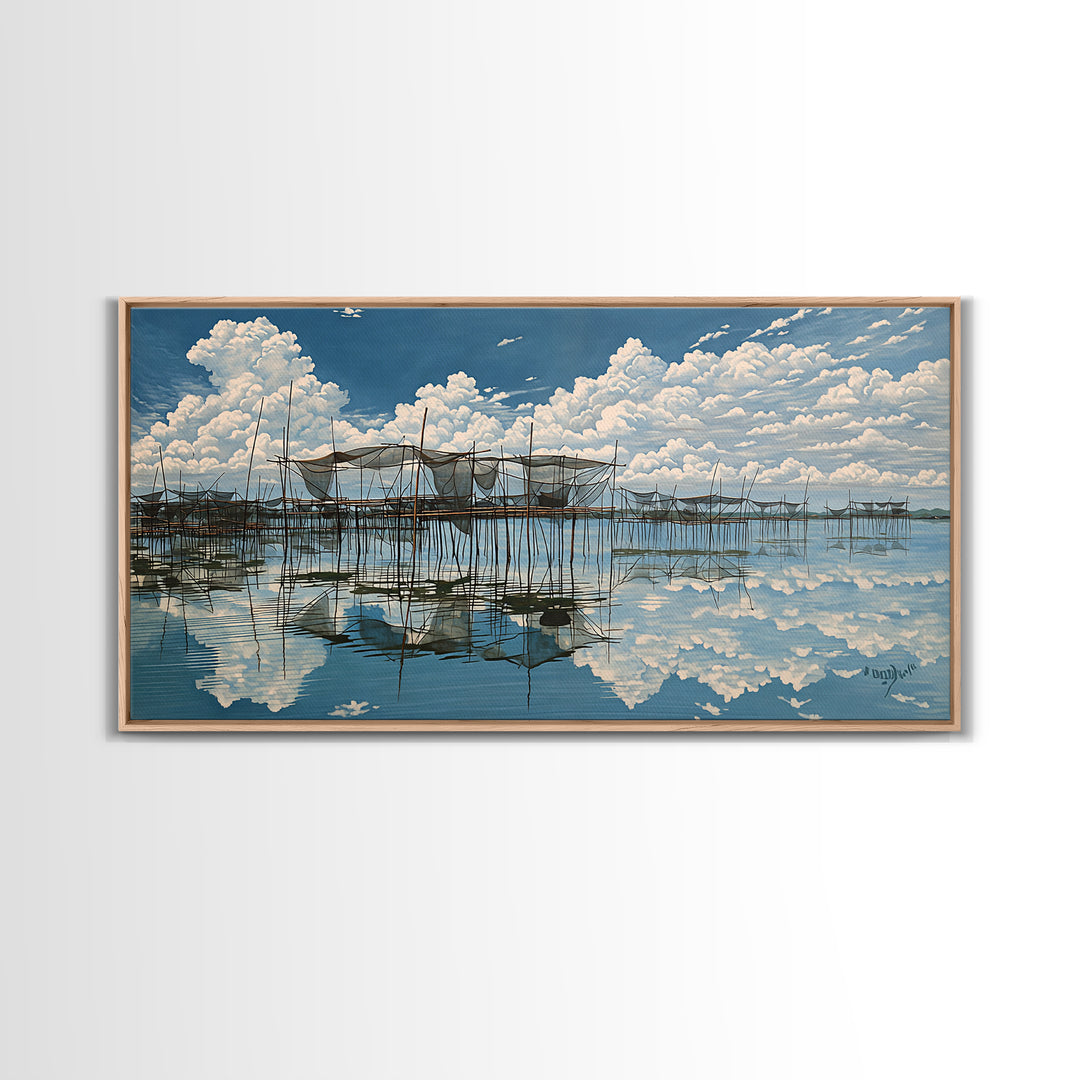 Bright Stilt House Lagoon Reflections Canvas Print, Coastal Sky Wall Decor, Blue Water Landscape Art, Serene Living Room Decor
