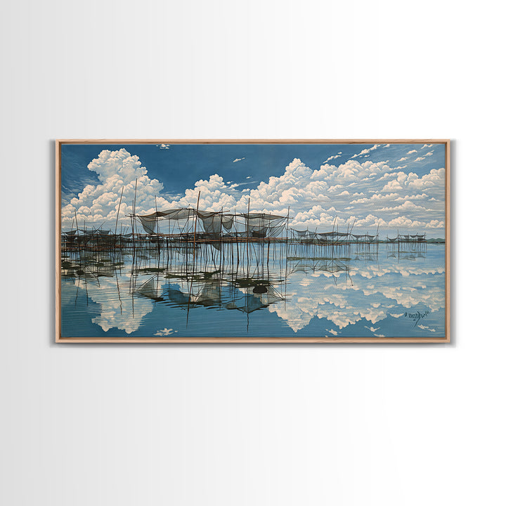 Bright Stilt House Lagoon Reflections Canvas Print, Coastal Sky Wall Decor, Blue Water Landscape Art, Serene Living Room Decor