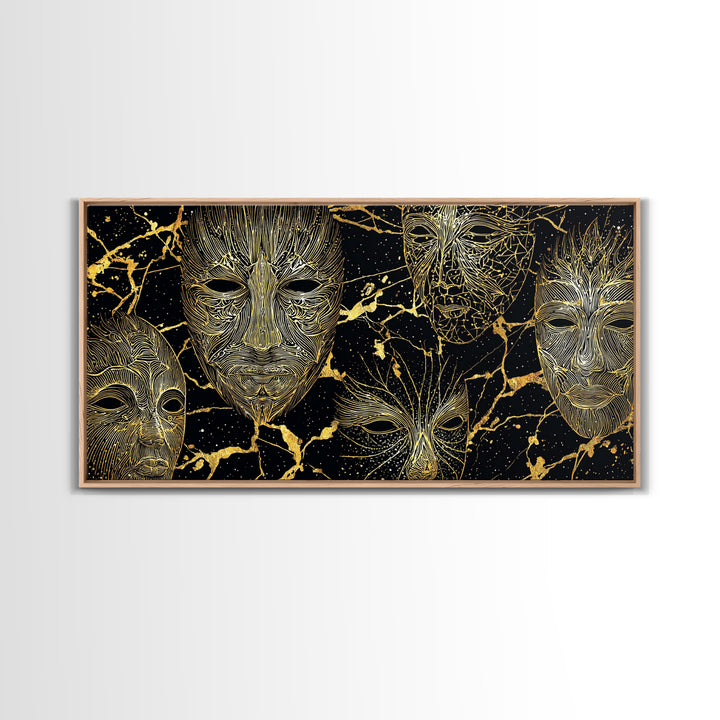Gold Line African Mask Wall Art, Black And Gold Tribal Art Print, Abstract African Art Decor, Afrocentric Statement Decor