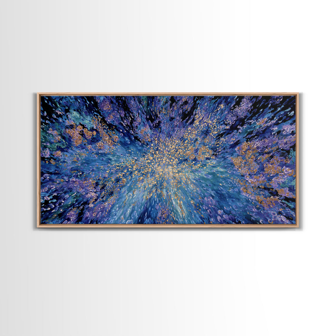 Blue Gold Cosmic Abstract Wall Art, Explosive Modern Canvas Decor, Textured Art Print, Dreamy Statement Living Room Decor