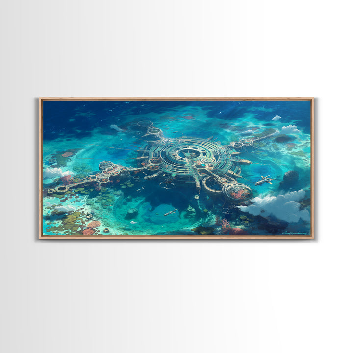 Futuristic Ocean City Aerial Canvas Print, Turquoise Sci Fi Island Wall Decor, Modern Digital Art, Unique Coastal Home Decor