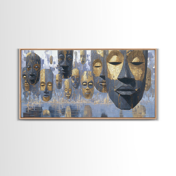 Floating African Mask Framed Canvas Print, Blue Gold Tribal Wall Decor, Modern African Art, Afrocentric Living Room Decor