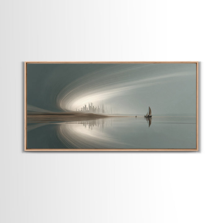 Misty Futuristic Sailboat Wall Art, Serene Coastal Skyline, Modern Minimalist Decor, Dreamy Landscape, Luxury Canvas Print