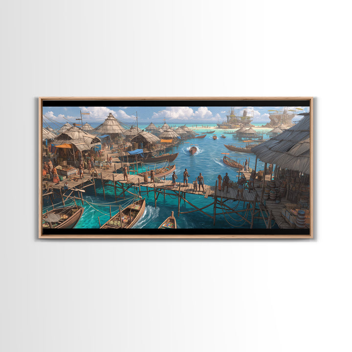 Tropical Stilt Village Wall Art, African Coastal Harbor, Fishing Boats, Teal Water Decor, Safari Travel Canvas Print, Unique Home Decor
