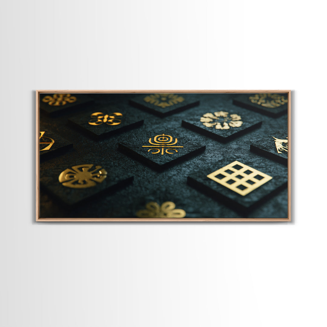 Gold Adinkra Symbols Wall Art, African Patterns Decor, Black And Gold Design, Spiritual Cultural Art, Framed Canvas Print