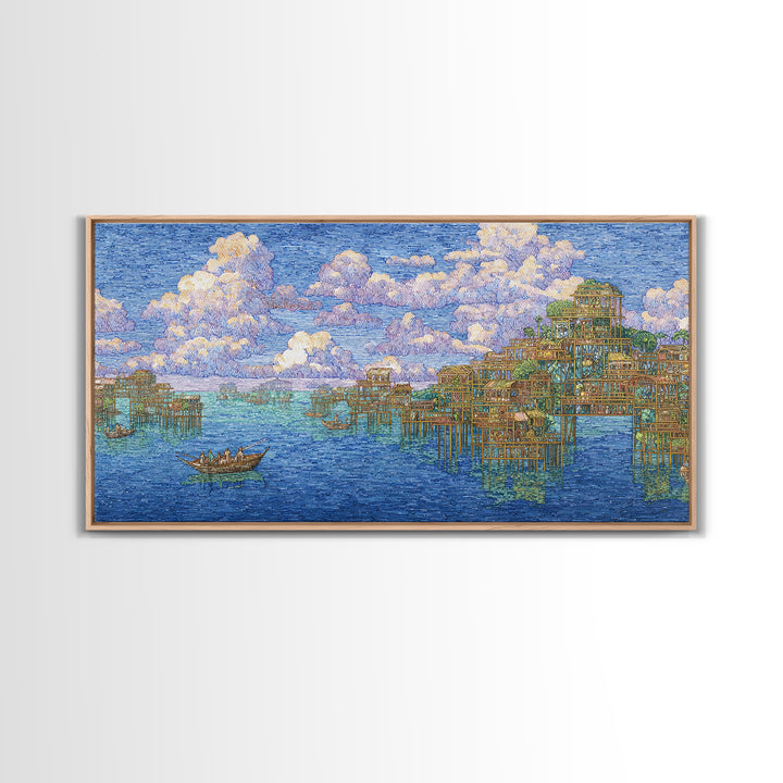 Ocean Stilt Village Wall Art, Blue Coastal Landscape, African Inspired Fishing Boats, Dreamy Clouds, Premium Canvas Print