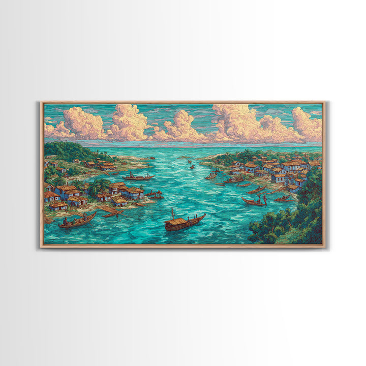 Turquoise Island Fishing Village Wall Art, African Coastal Landscape, Teal Water Decor, Nature Scene Art, Canvas Print Gift
