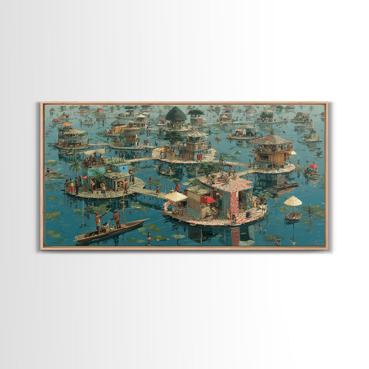 Floating Wetland Village Wall Art, African Water Landscape, Round Island Homes, Boho Coastal Decor, Unique Canvas Print Gift