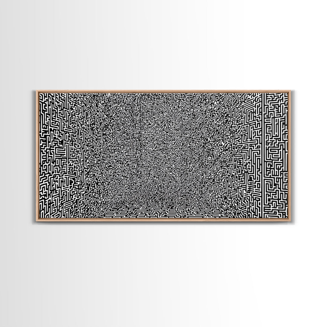 Black And White Optical Maze Room Wall Art, Abstract Geometric Pattern Print, Modern Minimalist Office Decor, Bold Canvas