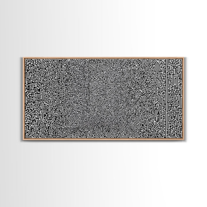 Black And White Optical Maze Room Wall Art, Abstract Geometric Pattern Print, Modern Minimalist Office Decor, Bold Canvas
