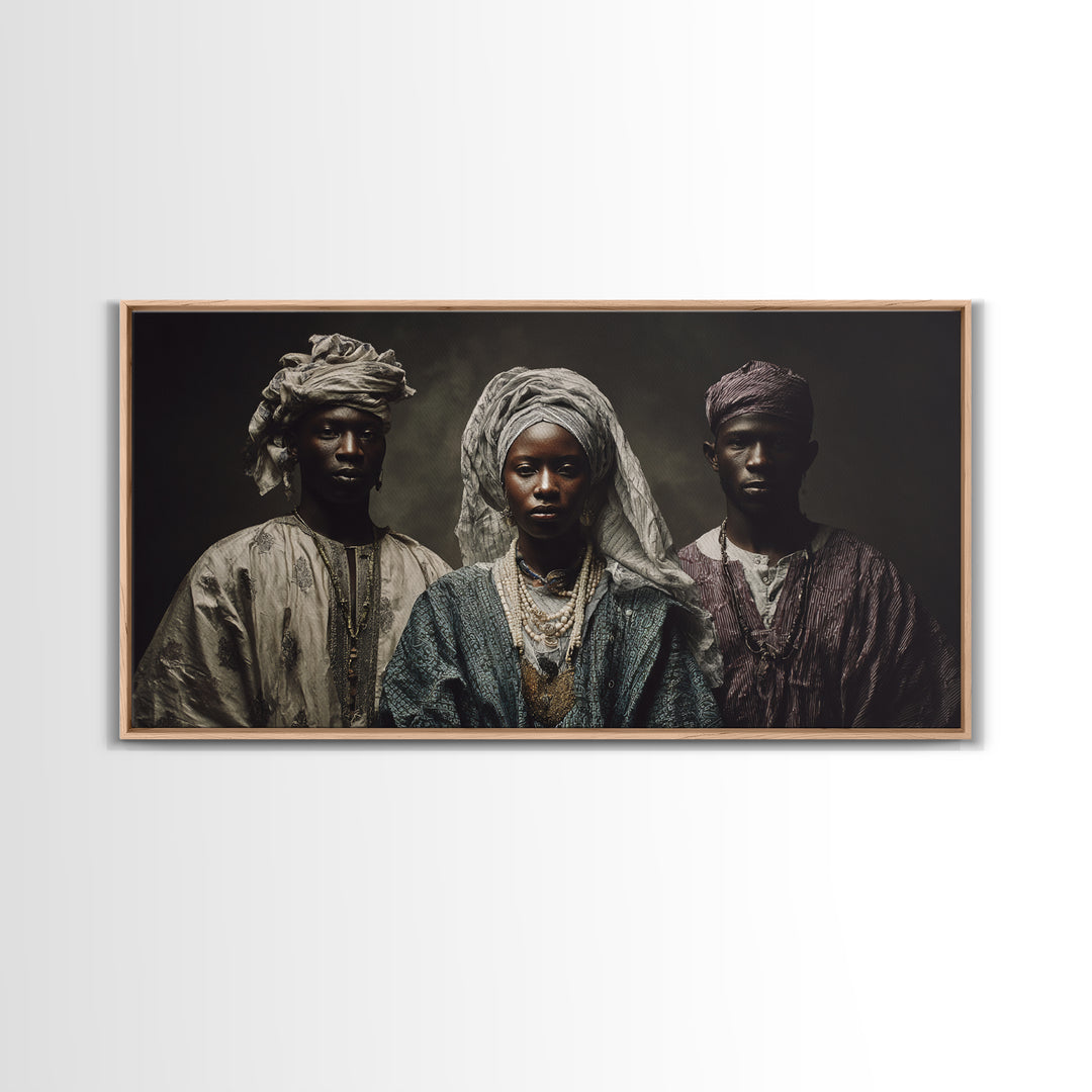 Regal African Trio Portrait Framed Canvas Print, Traditional Headwraps, Afrocentric Wall Decor, Black Culture Portrait Art Gift