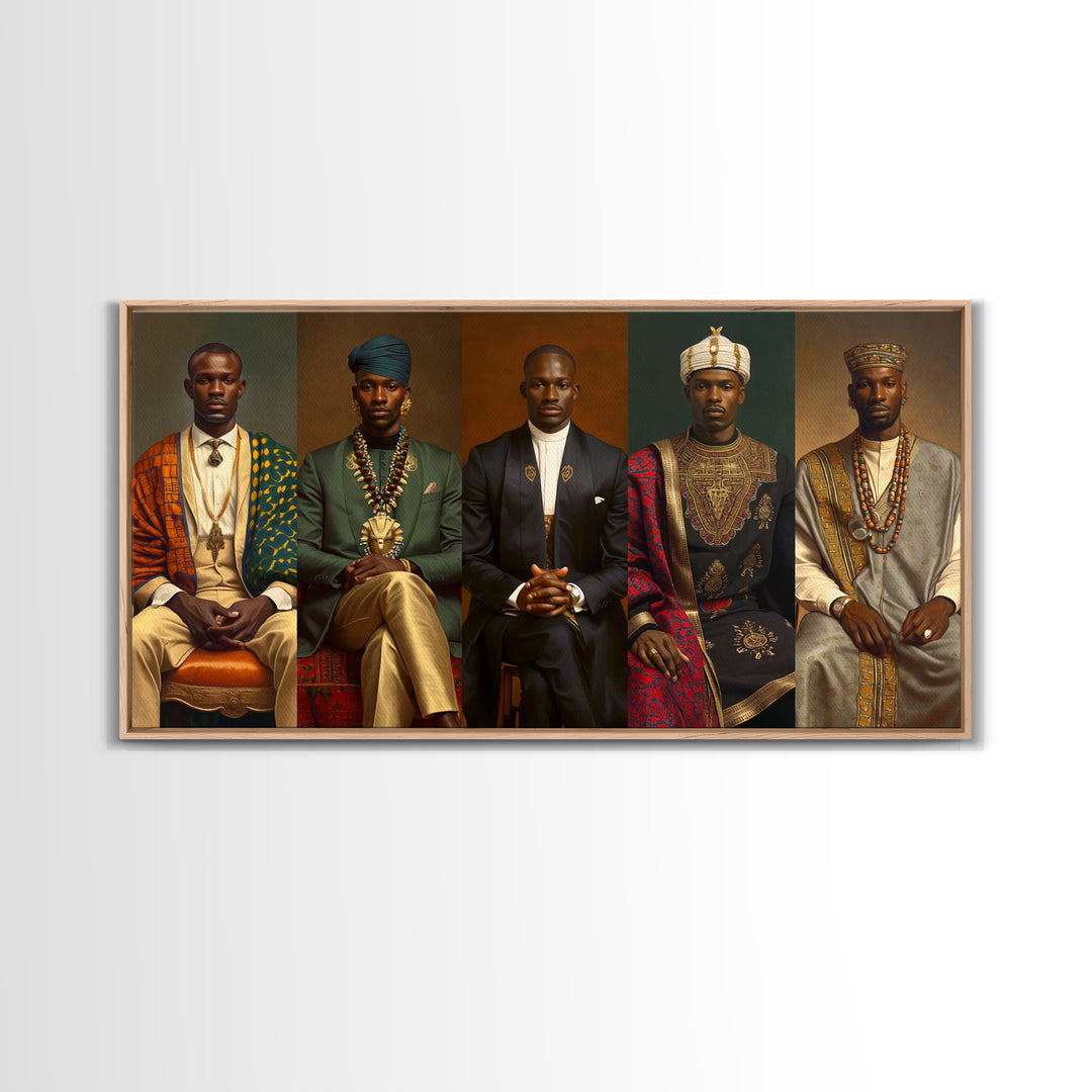 Five Regal African Kings Framed Canvas Print, Royal Portrait Wall Art, Black Men Cultural Decor, Afrocentric Home Decor Gift