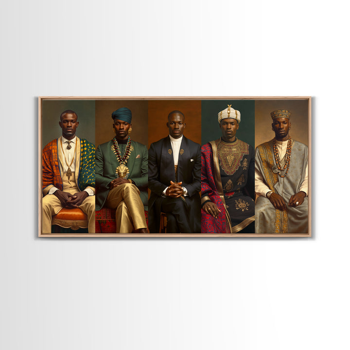 Five Regal African Kings Framed Canvas Print, Royal Portrait Wall Art, Black Men Cultural Decor, Afrocentric Home Decor Gift