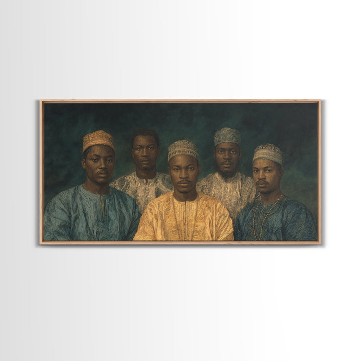 Five African Men In Gold Caps Framed Canvas Print, Textured Royal Portrait Wall Art, Blue Earth Tone Cultural Decor Gift