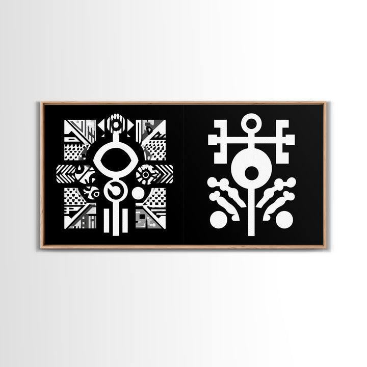 Black And White Adinkra Symbol Wall Art, African Tribal Abstract Canvas Print, Geometric Spiritual Decor, Bold Pattern Gift