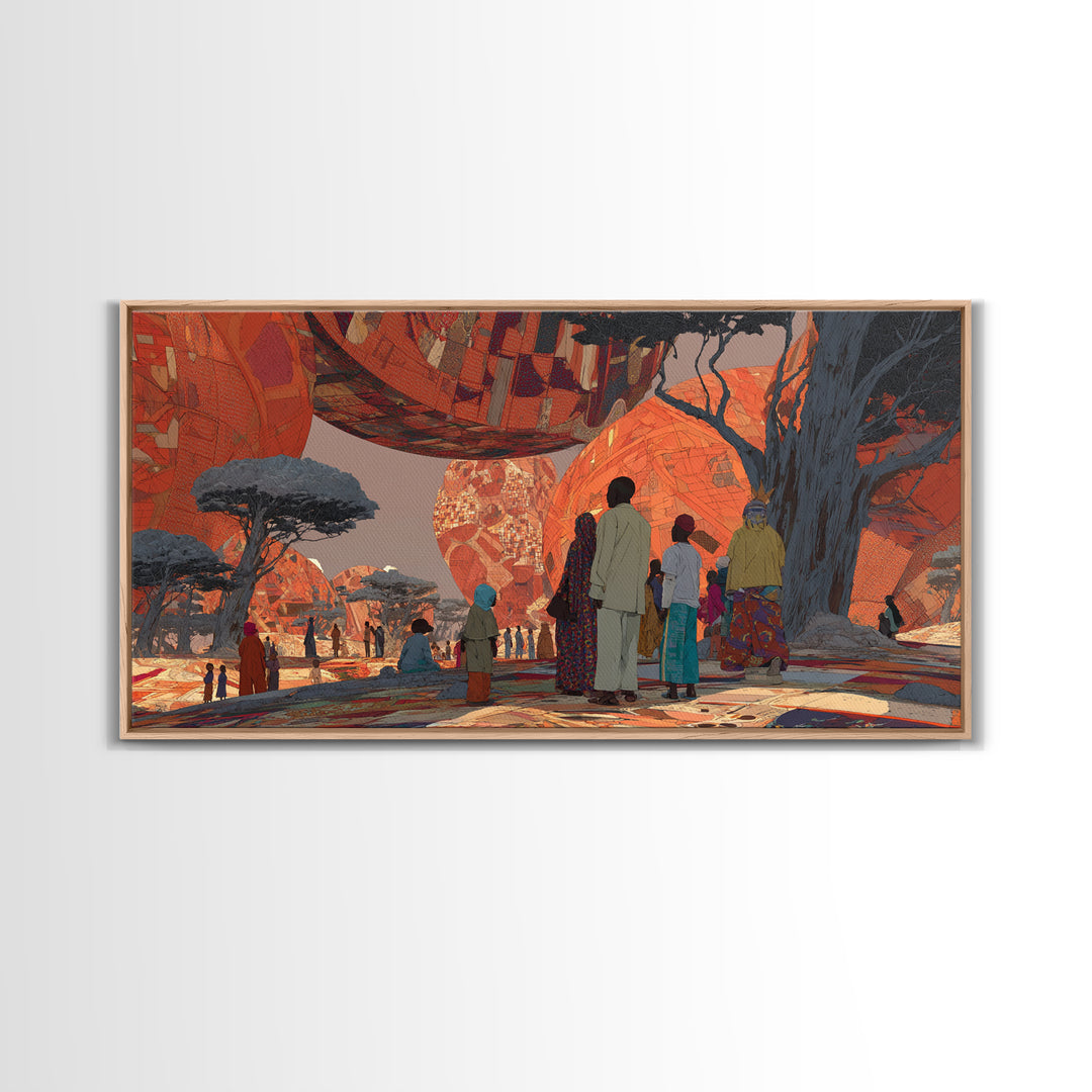 Futuristic Orange Baobab Village Wall Art, African Landscape Canvas Print, Afrocentric Safari Decor, Dreamy Cultural Artwork