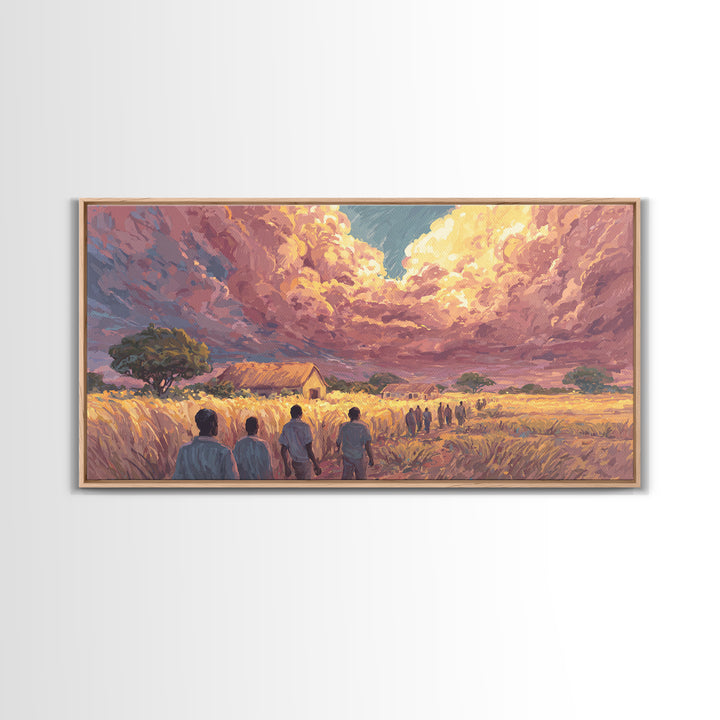 African Village Sunset Walk Wall Art, Rural Landscape Painting, Motherland Decor, African Safari Art, Boho Home Decor Gift