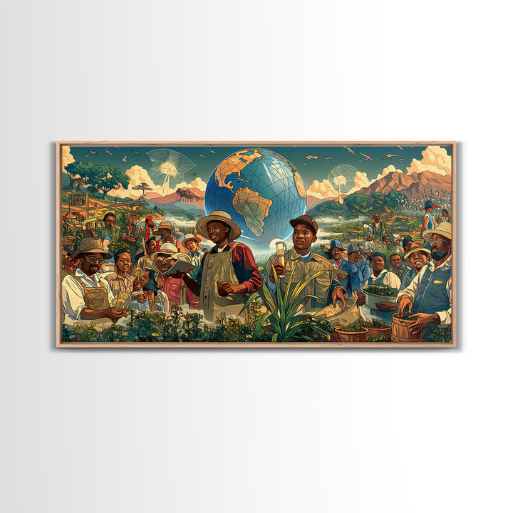 Joyful African Farmers And Floating Globe Wall Art, Afrofuturism Decor, Cultural Art Print, Colorful Africa Poster Print