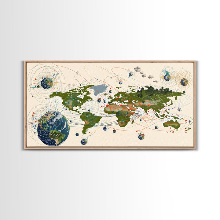 Global Network Map With Africa Orbitals Wall Art, Digital World Map Art, Modern Office Decor, Futuristic Abstract Art Print