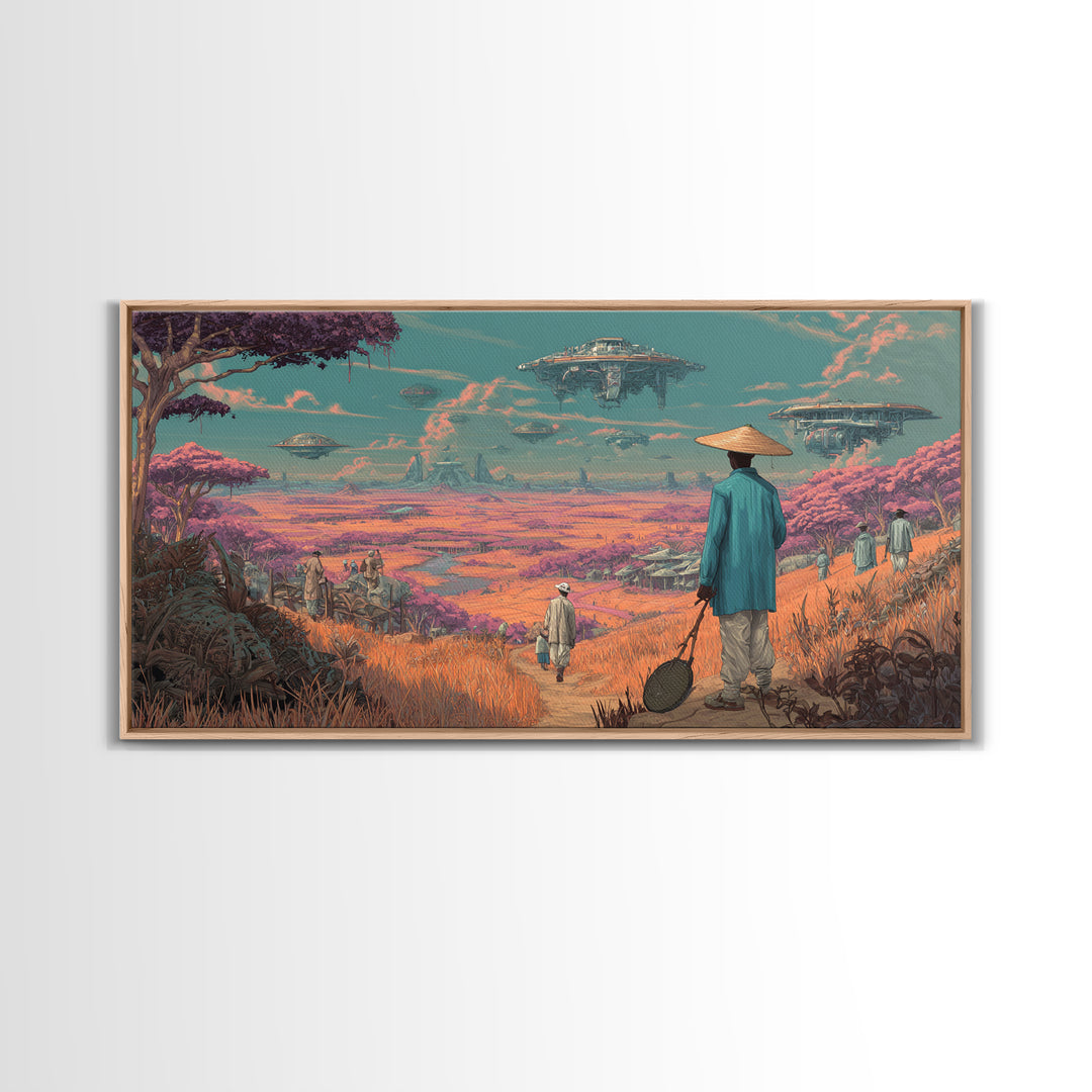 Afrofuturist Traveler In Pink Alien Savannah Canvas Print, African Sci Fi Wall Art, Dreamy Landscape, Unique Home Decor