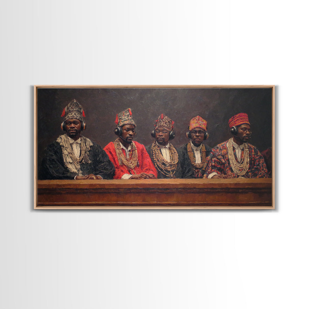 Traditional African Tribunal With Ornate Hats Wall Art, Tribal Queen Art, Cultural Portrait, Black History Gift, Bold Decor