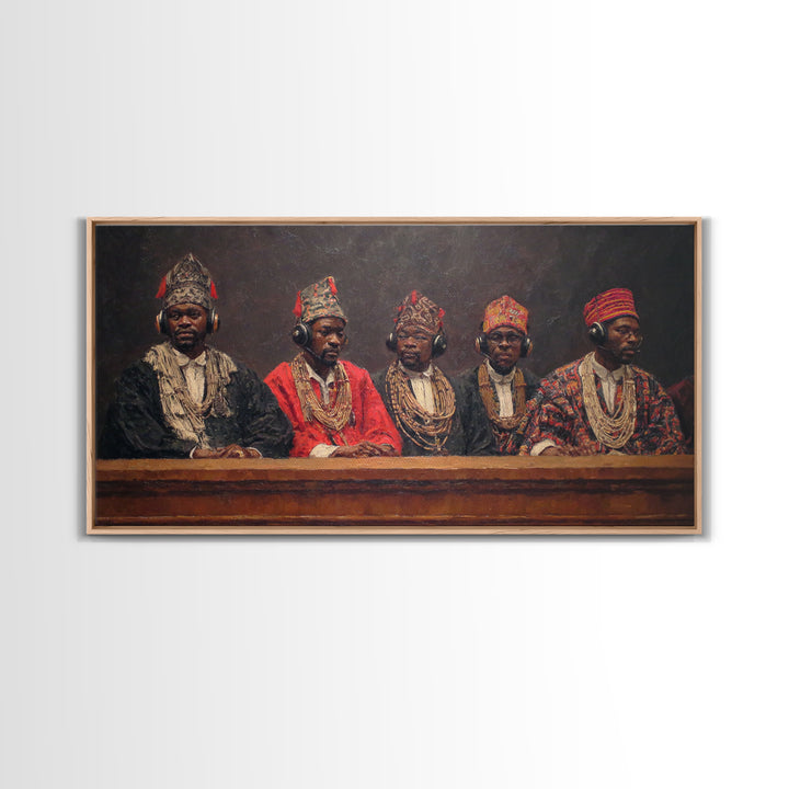 Traditional African Tribunal With Ornate Hats Wall Art, Tribal Queen Art, Cultural Portrait, Black History Gift, Bold Decor