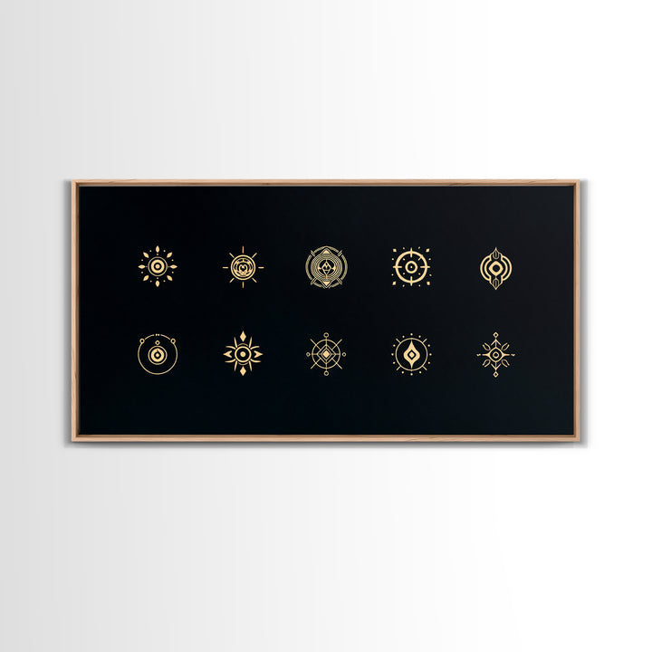 Gold African Tribal Sun Symbols On Black Canvas Print, Minimalist Afrocentric Wall Art, Spiritual Decor, Ethnic Pattern Art