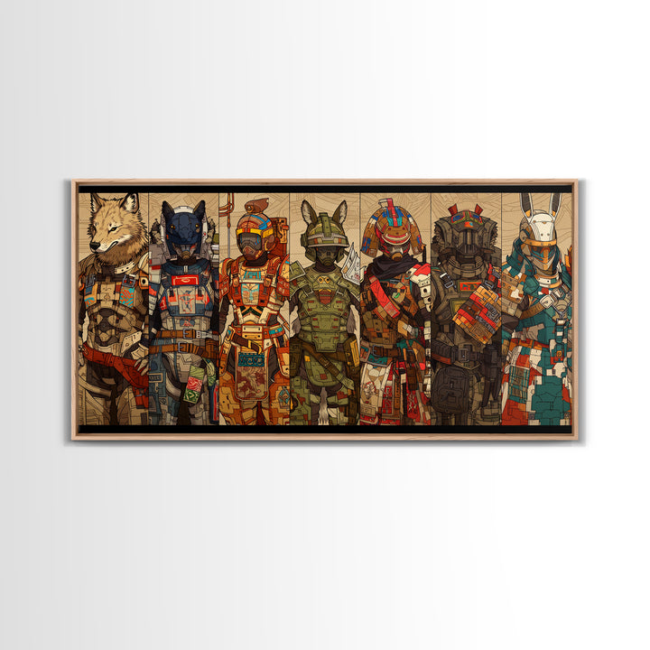 Cyber Animal Warriors Wall Art, Afrofuturism Canvas Print, African Tribal Art, Bold Gaming Room Decor For Collectors Gift