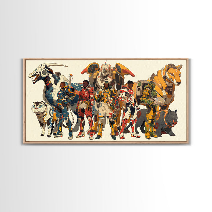 Futuristic African Riders Wall Art, Afrofuturism Canvas Print, Animal Warrior Art Decor For Kids Gaming Room Gallery Decor