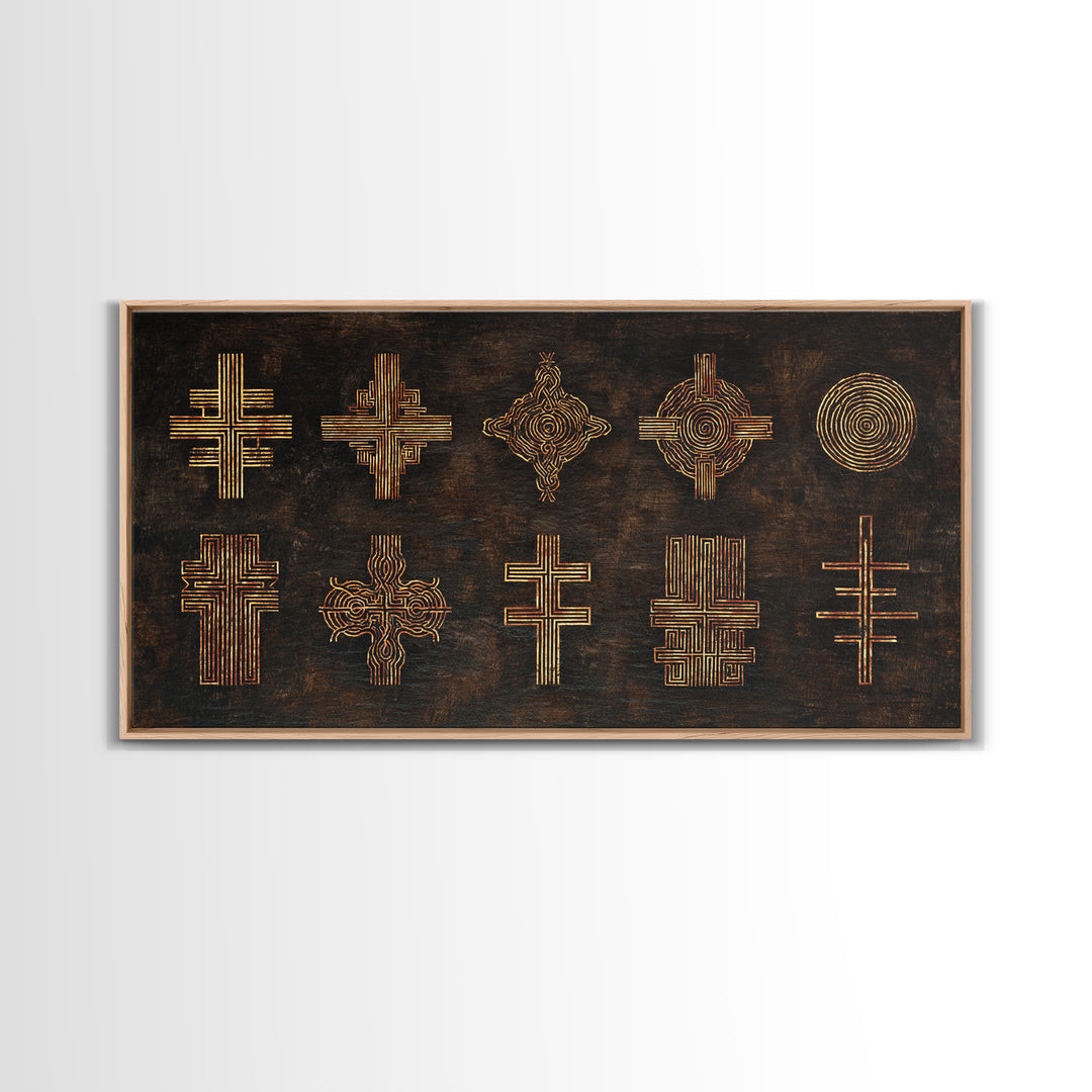 Gold Tribal Cross Symbols On Dark Texture Wall Art, African Patterns, Abstract African Art, Cultural Wall Decor, Modern Canvas
